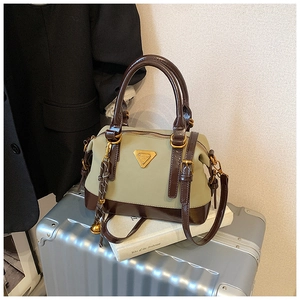 Detail der zweifarbigen Handtasche mit olivgrünem Korpus, braunem Lackleder und Metallplakette