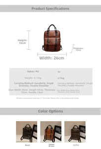 Infographic showing dimensions 26x33x15cm and three colors of retro PU leather backpacks