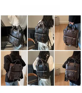 British style vintage leather backpack shown in hand-carry, single and double shoulder modes