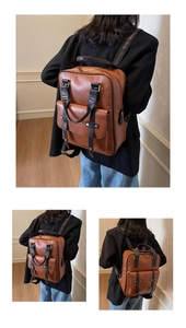 Detail view of a vintage brown PU leather backpack showing side straps and metal rivets