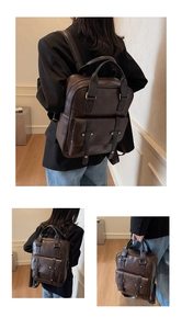 Detail of dark brown vintage PU leather backpack with bronze metal buckle accents