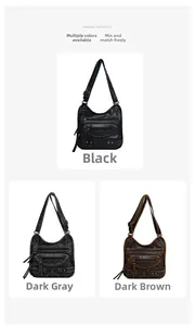 Three vintage washed leather crossbody bags in black, dark grey, and dark brown colors