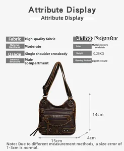 Detail view of brown vintage crossbody bag with dimensions and material specifications