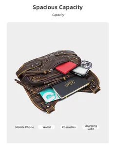 Interior view of brown vintage leather crossbody bag showing multi-compartment storage space