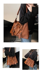 Multiple views of a large brown vintage tote bag with adjustable straps on a model