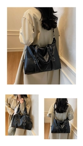 Detailed views of the black soft leather tote bag showing crossbody and shoulder wear