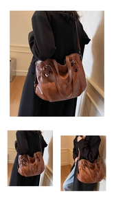 Three lifestyle views of a large vintage brown tote bag worn as a shoulder and crossbody bag