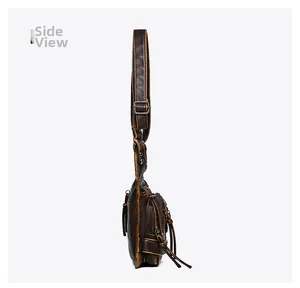 Side view of retro brown washed leather crossbody bag with tassels and metal buckle