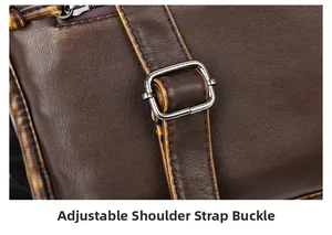 Detail of adjustable silver buckle on vintage brown washed leather shoulder bag strap