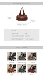 Detailed size chart and multi-color options for the large PU leather tote bag