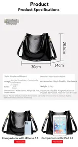 Detailed size specifications for the large black leather tote bag with interior compartments