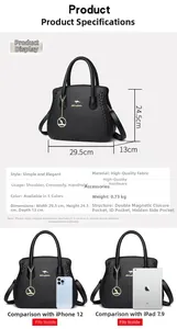 Detailed view of black litchi pattern leather handbag with size and structure specs