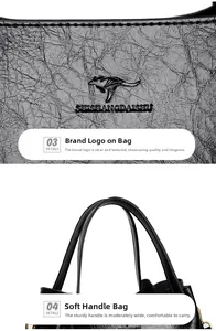 Macro detail of litchi grain leather texture and kangaroo logo on black tote bag