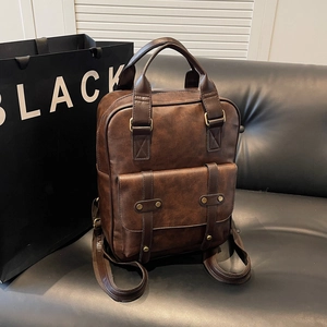 Classic dark brown vintage PU leather backpack for women with large capacity and straps