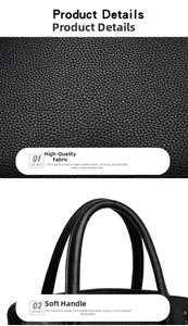 Detail of pebbled leather texture and reinforced handles on a large black business handbag