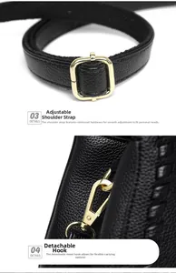 Close-up of adjustable strap with gold buckles on black lychee texture handbag
