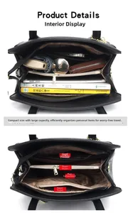 Detailed view of the large capacity black leather handbag featuring multi-layer compartments