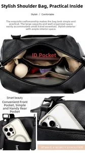 Détails de l'intérieur d'un sac en cuir noir avec plusieurs compartiments et poches
