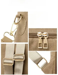 Detailed macro view of khaki corduroy fabric texture and premium gold metal hardware