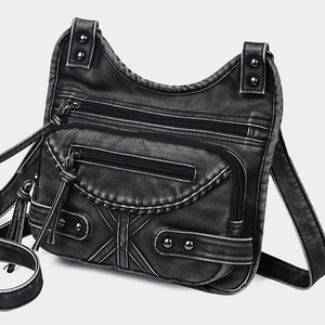 Vintage PU Leather Multi-Zipper Crossbody Bag With Rivets Woven Trim Retro Punk Style For Women