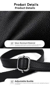 Détail du cuir grainé litchi noir avec boucle réglable en métal argenté brillant