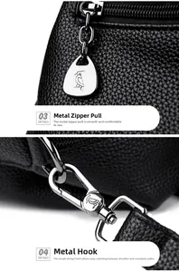 Détail macro de la fermeture éclair argentée et du crochet métallique sur le sac en cuir noir