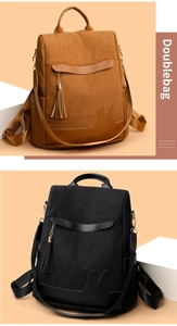 Detail view of corduroy anti-theft backpack with rabbit leather patch and tassel decor