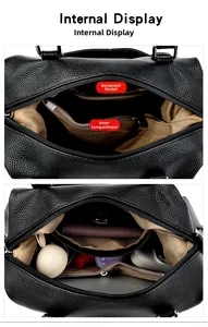 Vue intérieure du sac cabas en cuir noir montrant la doublure et les poches