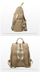 Detail view of khaki corduroy backpack featuring side pocket and anti-theft back zipper