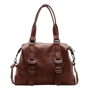 Grand sac cabas vintage marron foncé en similicuir avec anneaux en argent et sangles