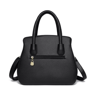 Classic black litchi pattern leather handbag with gold hardware and removable shoulder strap