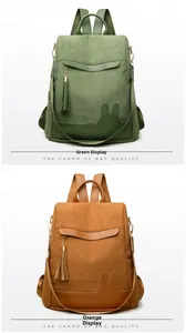 Detail view of corduroy backpacks in green and orange with leather rabbit ear accents