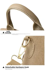 Detail of corduroy backpack featuring premium leather handle and gold detachable hooks
