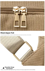 Close-up of khaki corduroy fabric with golden double zippers and durable hardware