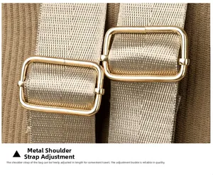 Macro shot of adjustable golden metal buckle and woven strap on corduroy backpack