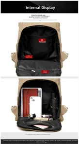 Detail view of khaki corduroy backpack interior compartments with items and tablet