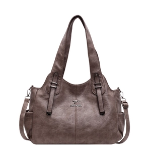 Brown faux leather tote bag for women with dual handles and kangaroo metal logo