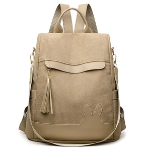 Women Corduroy Backpack Anti-Theft Travel Bag Retro Fashion School Rucksack With Tassel Rabbit Ear Decor Multi-Function