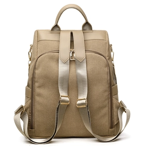 Khaki large capacity anti-theft women backpack in textured corduroy fabric back view