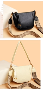 Detail of lychee textured leather crescent bags with geometric woven shoulder straps