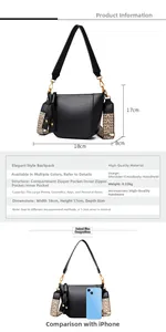 Detail view of black faux leather bucket bag with ethnic woven strap and golden hardware