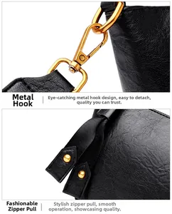 Close-up of golden hardware hooks and textured black leather on the stylish bucket bag