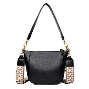 Black lychee texture PU semi-circle crossbody bucket bag with retro woven wide strap