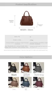 Detailed size specifications and color options for the vintage PU leather handbag