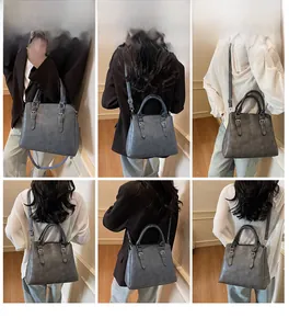 Six-view display of vintage smoke gray handbag being worn as a crossbody and tote bag