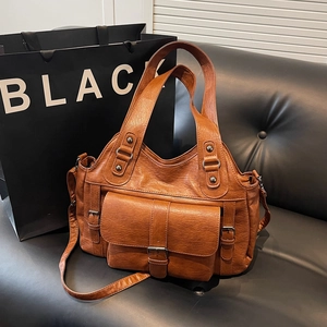 Women Vintage Tote Bag PU Leather Large Capacity Multi Pocket Retro Shoulder Handbag Crossbody With Adjustable Strap