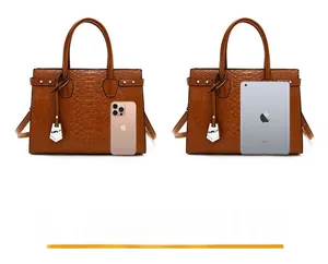 Brown crocodile pattern tote bag size comparison with smartphone and tablet devices