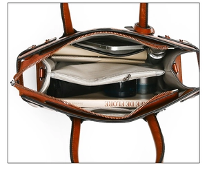 Top view of brown tote bag interior compartments showing large storage capacity