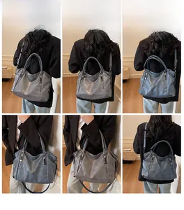 Multiple views of a large PU leather tote bag showing crossbody and shoulder carry styles