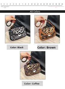 Detail view of leopard print shoulder bags in black, brown, and coffee with metal buckles